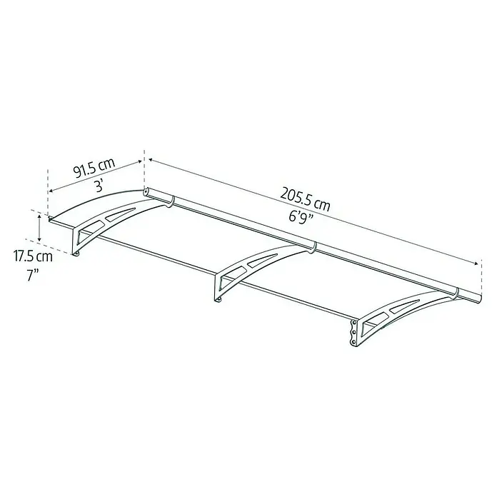 Palram – Canopia Marquesina para puerta Aquila - 205,5 x 91,5 x 17,5 cm, Antracita, Color del techo: Gris - Ilustración de un toldo de puerta con dimensiones. El toldo mide 205,5 cm de ancho y 91,5 cm de profundidad.