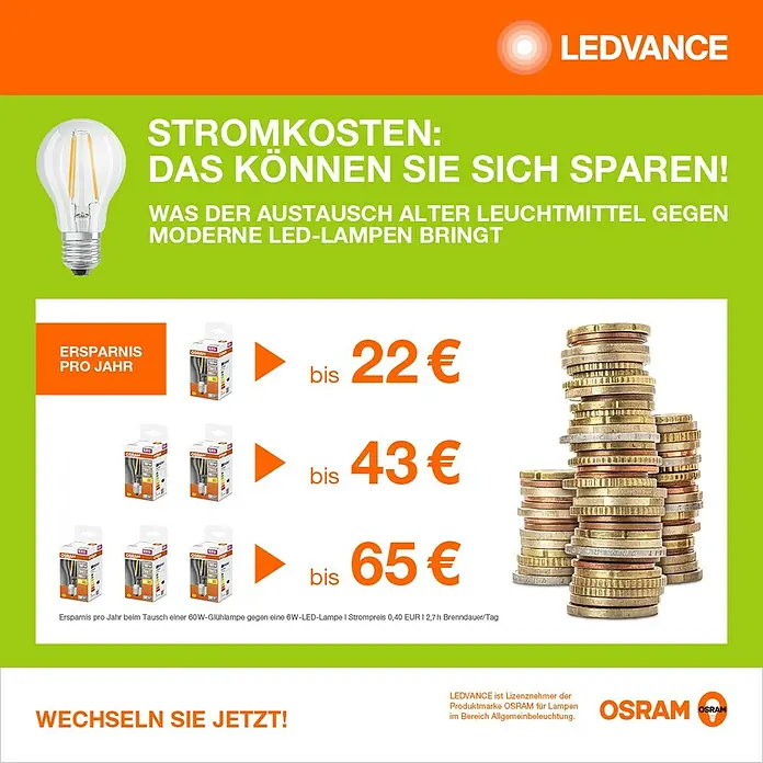 Osram LED-Leuchtmittel CLP40 - 2,2 W, 470 lm, Klar - LEDVANCE-Anzeige, die die Stromkosteneinsparungen durch den Wechsel von alten Glühbirnen zu modernen LED-Lampen hervorhebt.