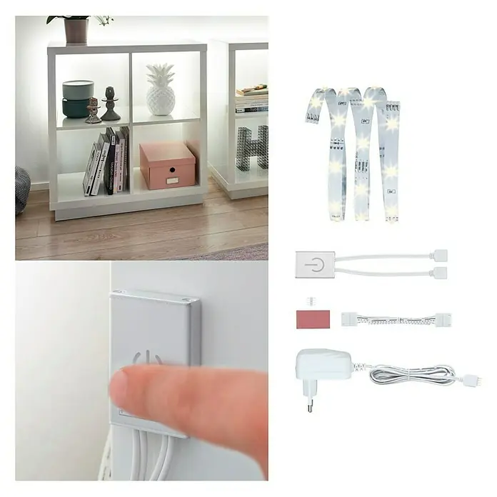 Paulmann YourLED ECO Tira LED Set sensor táctil - 1 m, Color de luz: Blanco cálido - La imagen muestra una estantería Kallax con iluminación LED integrada, incluyendo tiras LED, transformador e interruptor.