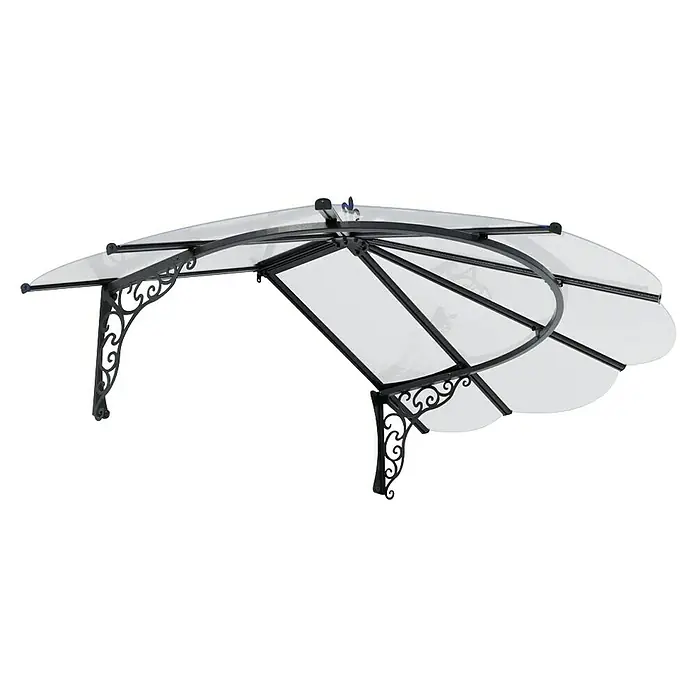 Palram – Canopia Vordach Iris - 174,5 x 125 x 80 cm, Schwarz - Elegante Vordach-Konstruktion mit geschwungenen, schmiedeeisernen Halterungen und transluzentem Dach, das Schutz bietet und gleichzeitig Licht durchlässt.