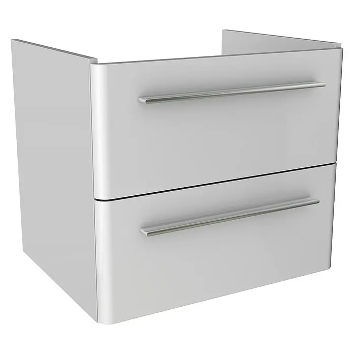 Badmöbel-Set MO60W3RE - Gesamtbreite Badmöbel: 60 cm, Weiß, Hochglänzend, DIN Anschlag: Rechts - Das Bild zeigt einen modernen, weißen Waschtischunterschrank mit zwei Schubladen und schlichten, silberfarbenen Griffen.