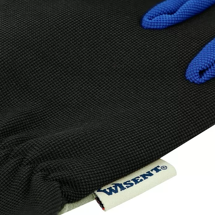 Wisent Arbeitshandschuhe - Handschuhgröße: 8, Grau/Schwarz - Schwarzer, texturierter Handschuh mit blauen Fingerakzenten und „Wisent“-Markenetikett. Nahaufnahme des Stoffes.