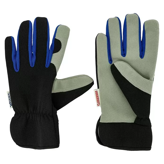 Wisent Arbeitshandschuhe - Handschuhgröße: 8, Grau/Schwarz - Ein Paar Schutzhandschuhe, schwarz und blau auf der Handfläche, hellgrau auf dem Handrücken.