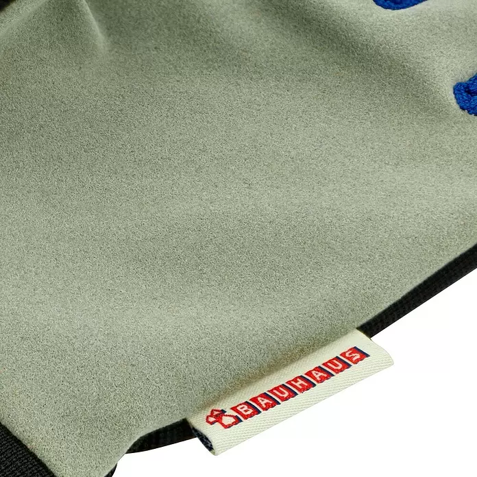Wisent Arbeitshandschuhe - Handschuhgröße: 8, Grau/Schwarz - Nahaufnahme von hellgrünem, flauschigem Stoff, möglicherweise einem Arbeitshandschuh, mit einem weißen Etikett mit dem rot-blauen 'BAUHAUS'-Logo.