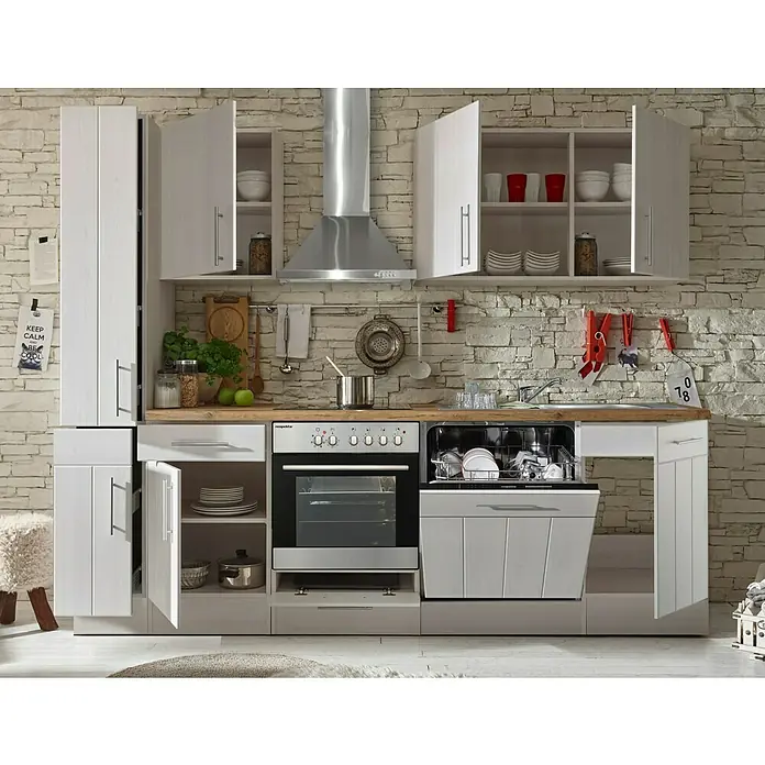 Respekta Premium Küchenzeile Anton - Breite: 250 cm, Weiß, Mit Elektrogeräten - Eine moderne Küche mit weißen Schränken, einer Dunstabzugshaube und einem Geschirrspüler, die Funktionalität und Stil vereint.