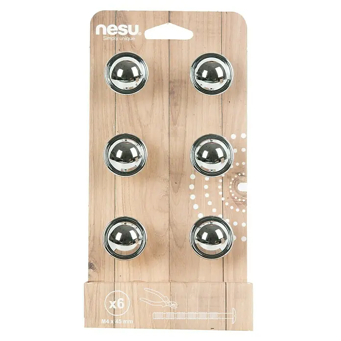 Nesu Pomo para muebles 13301 6 uds. - 6 ud., Ø x Al: 29 x 23 mm, Acero, Cromado - Imagen de pomos de cromo para muebles de Nesus, paquete de 6, para un hogar elegante. Los pomos son fáciles de instalar y añaden un toque elegante a cualquier mueble.
