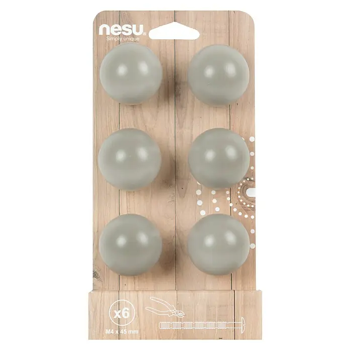 Nesu Pomo para muebles 445GR2 6 uds. - Ø x Al: 40 x 37 mm, Madera - Primer plano de los pomos para muebles Nesu, un juego de 6 unidades en color gris, ideal para personalizar muebles.
