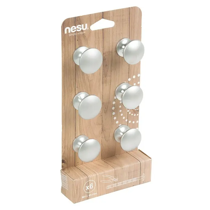 Nesu Pomo para muebles 25317 6 uds. - 6 ud., Ø x Al: 30 x 27 mm, Acero, Cromado - Un paquete de seis pomos de muebles NESU plateados montados en un embalaje con aspecto de madera, con herrajes de montaje completos.