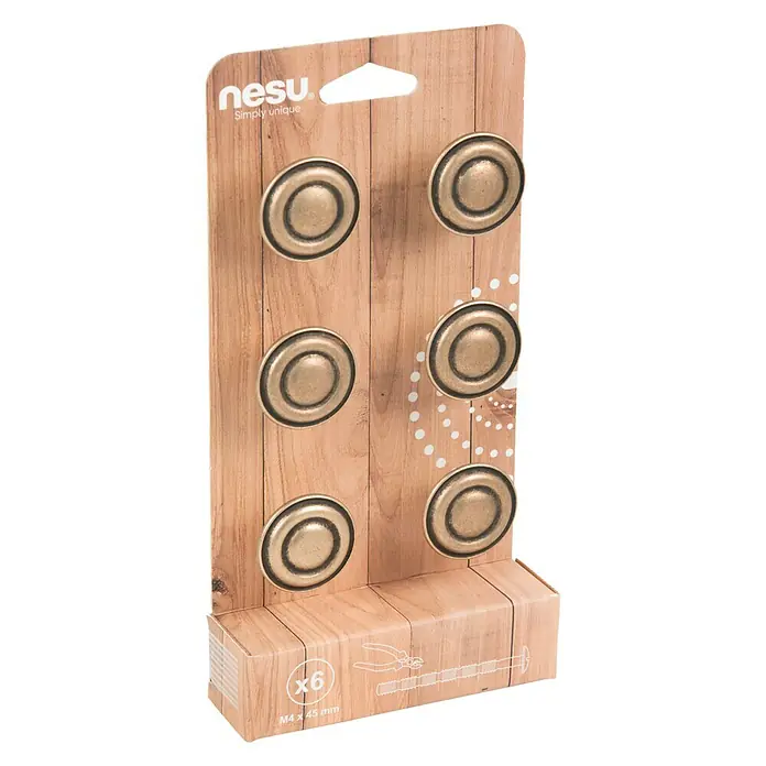 Nesu Pomo para muebles 211318 6 uds. - 6 ud., Ø x Al: 33 x 20 mm, Acero - Imagen de seis pomos de mueble Nesu de color bronce, montados sobre un tablero de madera.