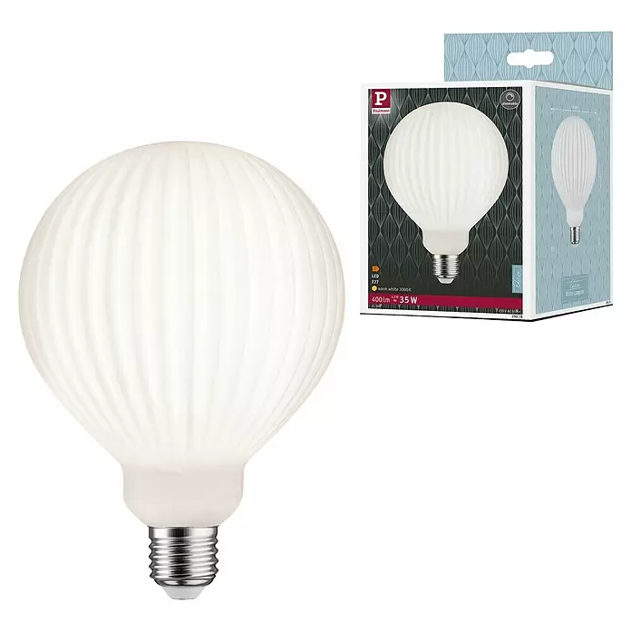 Paulmann Bombilla LED Globo - E27, Intensidad regulable, Blanco cálido, 400 lm, 4 W, Forma de la lámpara: Redonda - Bombilla LED ondulada blanca opaca con casquillo E27 plateado.