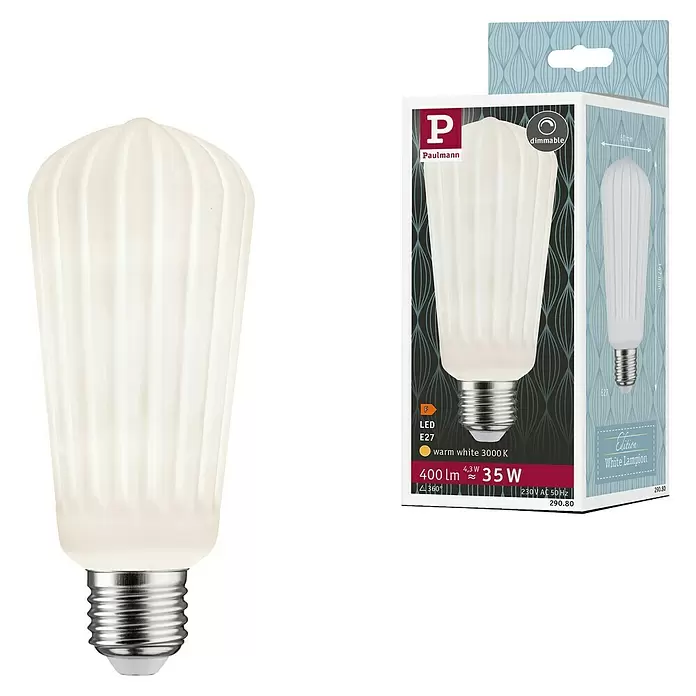 Paulmann Bombilla LED Gota - E27, Intensidad regulable, Blanco cálido, 400 lm, 4 W, Forma de la lámpara: Gota - Bombilla LED Paulmann blanca estriada regulable con casquillo E27.