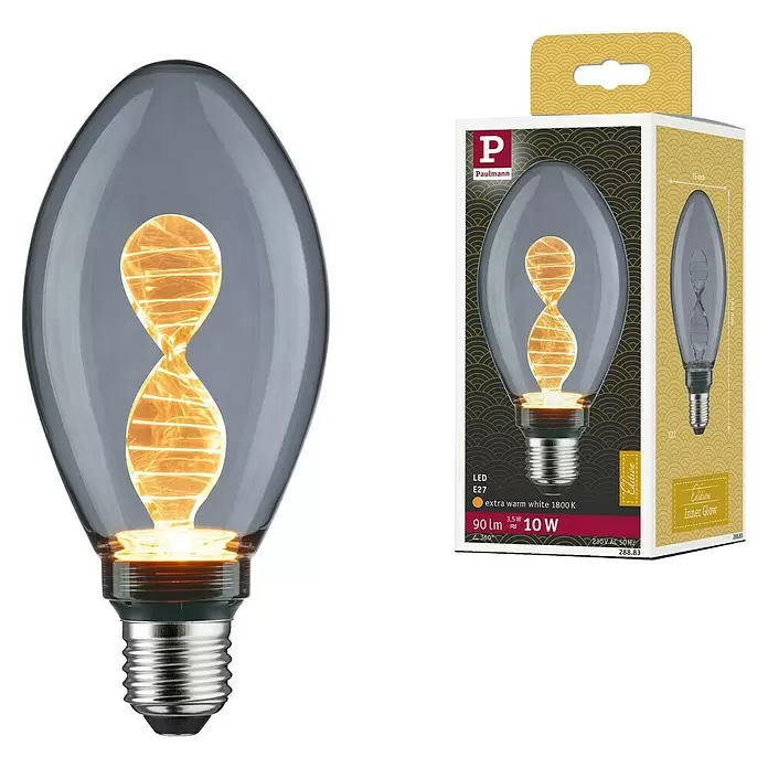Paulmann Inner Glow Bombilla LED Inner Helix - E27, No regulable, Amarillo, 90 lm, 3,5 W, Vela, Color: Smoky - Bombilla LED Paulmann con cristal gris y filamento en forma de reloj de arena, mostrada con su embalaje.