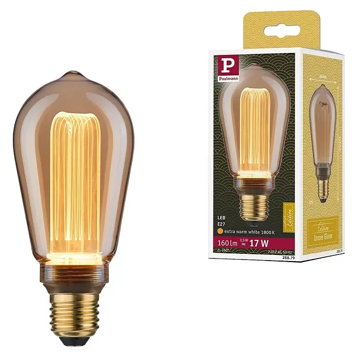 Paulmann Inner Glow Bombilla LED Inner Glow - E27, No regulable, Amarillo, 160 lm, 3,5 W, Gota, Color: Oro - Bombilla LED Paulmann de cristal ámbar y filamento visible, junto a su embalaje beige y dorado oscuro con información del producto.