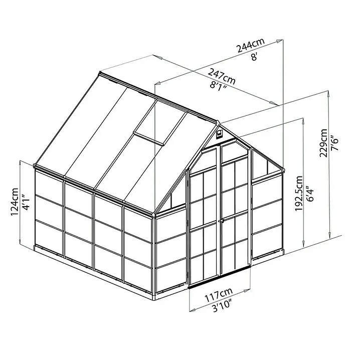 Palram – Canopia Gewächshaus Balance - Außenmaß inkl. Dachüberstand (B x T): 244 x 247 cm, 0,7 mm, Silber - Eine Schemazeichnung des Gewächshauses mit Maßangaben zur Veranschaulichung der Abmessungen und Proportionen.