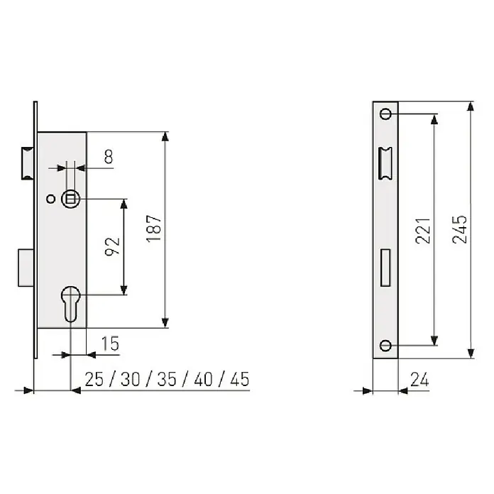 Abus Einsteckschloss ESR PZ LR Z 45 92 24 SB für Rohrrahmentüren - Links/Rechts, Profilzylinder, 187 x 45 x 14 mm - Technische Zeichnung eines Einsteckschlosses mit Maßangaben für Montage und Abmessungen. Ideal für die Planung.