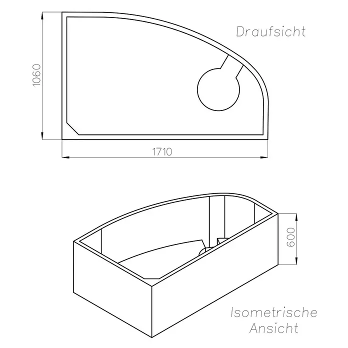 Ottofond Wannenträger Mauritius A - Passend für: Eckbadewanne Mauritius A 175 x 110 cm - Technische Zeichnung einer Eckbadewanne mit Maßen und Draufsicht.