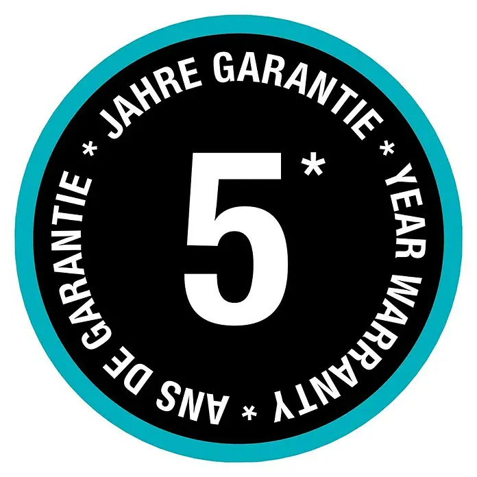 Gardena Gerätestück - Außengewinde: 26,5 mm (G 3/4“), Geeignet für: Wasserhähne mit Perlstrahlkopf - Symbol für eine 5-Jahres-Garantie, mit Text auf Deutsch, Englisch und Französisch, der die Garantiedauer hervorhebt.