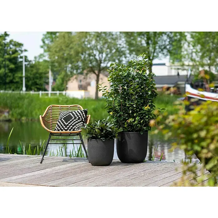 Capi Europe Urban Pflanztopf Smooth - Außenmaß (Ø x H): 34 x 35 cm, Schwarz, Kunststoff - Eine stilvolle Szene mit einem Rattansessel, einem gemusterten Kissen und zwei Pflanzgefäßen mit üppigen Pflanzen auf einer Holzterrasse am Wasser.