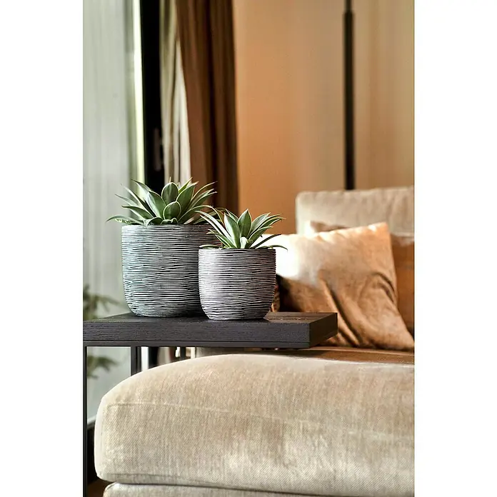 Capi Europe Nature Rib NL Übertopf rund Rib - Außenmaß (Ø x H): 17 x 15 cm, Anthrazit, Polyester - Zwei stilvolle Pflanzen in gestreiften Töpfen sitzen auf einem dunklen Tisch neben einem beigen Sofa, das die elegante Innenraumgestaltung betont.