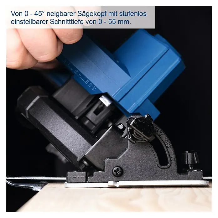 Scheppach IXES 20V Akku-Handkreissäge BC-HCS165-X - 20 V, Durchmesser Sägeblatt: 165 mm - Abbildung einer Säge mit neigbarem Sägekopf und stufenloser Schnitttiefeneinstellung von 0-55mm für präzise Schnitte.