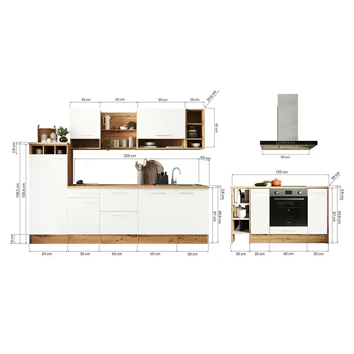 Respekta Inselküche Hilde Typ 1 - Breite: 280 cm, Weiß, Mit Elektrogeräten - Modulare Küche in Weiß und Holzoptik, mit Unter- und Oberschränken, Hochschrank, Backofen, Kochfeld, Spüle und Dunstabzugshaube.