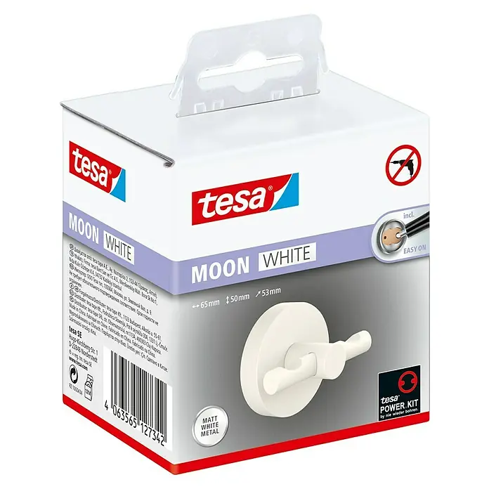 Tesa Moon Handtuchhaken - 2-armig, Weiß, Matt - Tesa Moon White Klebehaken-Set, zur einfachen Montage ohne Bohren, ideal für Badezimmer und Küche, matte Metalloberfläche.