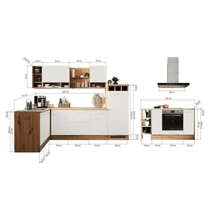 Respekta Inselküche Hilde Typ 2 - Breite: 280 cm, Grau, Matt, Mit Elektrogeräten - Moderne modulare Küche mit weißen Fronten und hellen Holzdetails, L-förmiger Arbeitsplatte, Hängeschränken, integriertem Backofen und Dunstabzugshaube, Maße sichtbar.