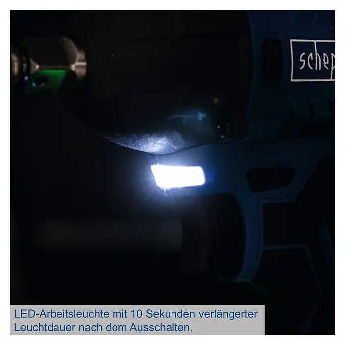 Scheppach IXES 20V Akku-Schlagschrauber BC-IW350-X - 20 V, Ohne Akku, 370 Nm - LED-Arbeitsleuchte am Akkuschrauber leuchtet. Die Leuchtdauer ist nach dem Ausschalten um 10 Sekunden verlängert.