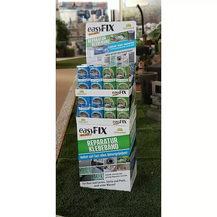 Heissner Reparaturklebeband - schwarz, 150 x 10 cm - Display mit blauem und grünem easyFIX Reparaturklebeband für Haus, Garten, Teiche und Pools, auch unter Wasser.