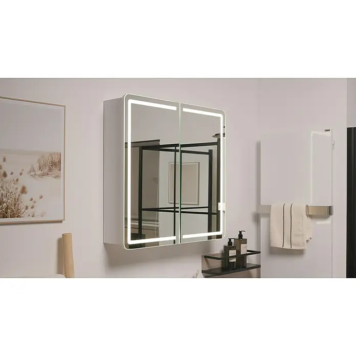 Riva LED-Spiegelschrank Luciana - B x H: 72 x 69,6 cm, Holz, Weiß - Ein moderner Badezimmerschrank mit LED-Beleuchtung und verspiegelten Türen, der stilvolle Aufbewahrung bietet und das Badezimmerambiente aufwertet.