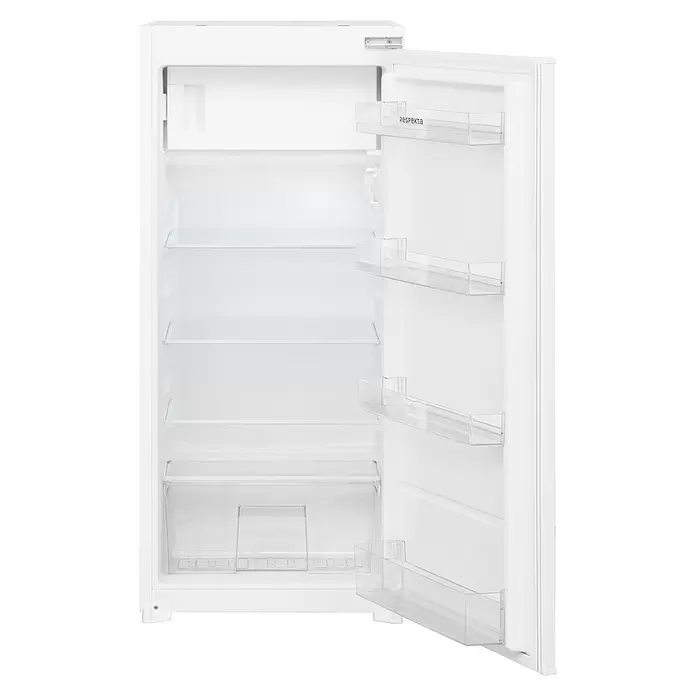 Respekta Premium Composición de cocina Anton - Ancho: 300 cm, Blanco, Con electrodomésticos - Refrigerador blanco abierto con estantes de vidrio transparente y compartimentos de plástico en la puerta, mostrando el interior vacío.
