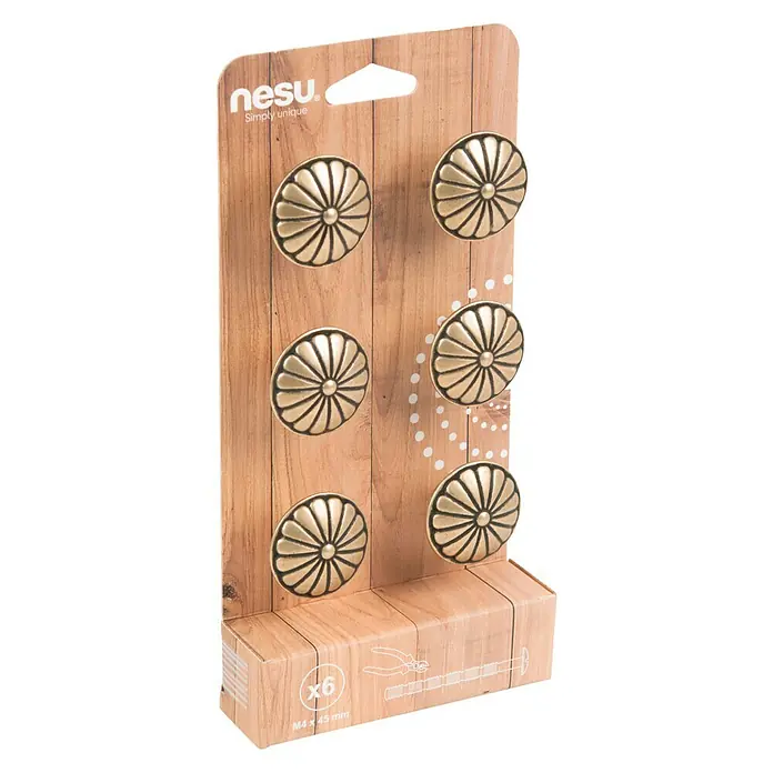 Nesu Pomo para muebles 213818 6 uds. - 6 ud., Ø x Al: 35 x 26 mm, Acero - Primer plano de un paquete que contiene seis pomos de muebles de color bronce de la marca nesu.