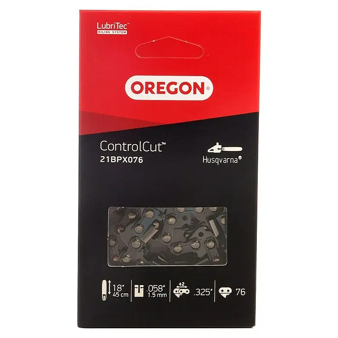 Oregon Sägekette E76 - Passend für: Kettensägen mit .325"-Teilung, 1,5 mm Treibgliedstärke und 76 Treibgliedern - Nahaufnahme einer Oregon ControlCut™ 21BPX076 Sägekette, 45 cm lang, mit LubriTec™ Ölsystem, passend für Husqvarna Sägen.