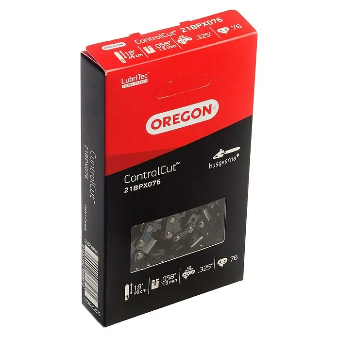 Oregon Sägekette E76 - Passend für: Kettensägen mit .325"-Teilung, 1,5 mm Treibgliedstärke und 76 Treibgliedern - Produktverpackung der Oregon ControlCut 21BPX076 Kettensäge für Husqvarna, 45cm, .325" Teilung, .058" Treibgliedstärke.