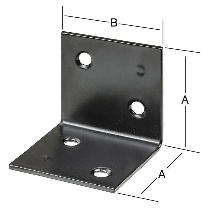 Vormann Breitwinkel - 30 x 30 mm, Schwarz, Stahl, 4 Löcher - Produktbild einer schwarzen Winkelverbindung mit Löchern und Maßangaben A und B zur Veranschaulichung der Abmessungen.