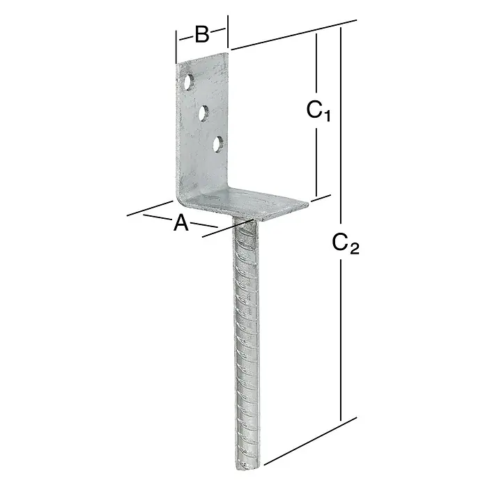 Stabilit L-Stützenschuh - 70 x 60 x 100 mm - Ein verzinkter Pfostenträger mit Betonanker, gekennzeichnet mit A, B, C1 und C2, für sicheren Halt im Außenbereich.