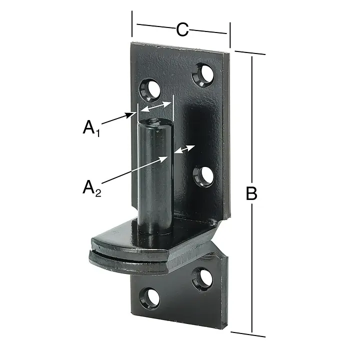 Stabilit Aufschraubkloben - Durchmesser Dorn: 10 mm, Abstand Dorn bis Platte: 9,3 mm, L x B: 85 x 33 mm - Detailaufnahme eines schwarzen Metallscharniers mit Größenangaben, ideal für robuste Konstruktionen.