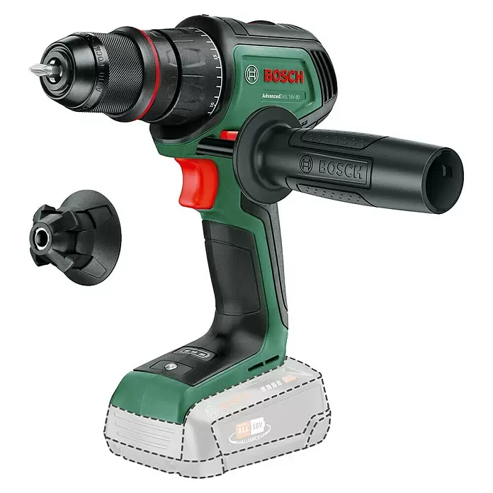 Bosch Power for All 18V Taladro atornillador de batería AdvancedDrill 18V-80 - 18 V, 1 batería, 2,5 Ah, 78 Nm - Taladro inalámbrico Bosch AdvancedDrill 18V-80 verde y negro con empuñadura lateral, portabrocas y contorno de batería.