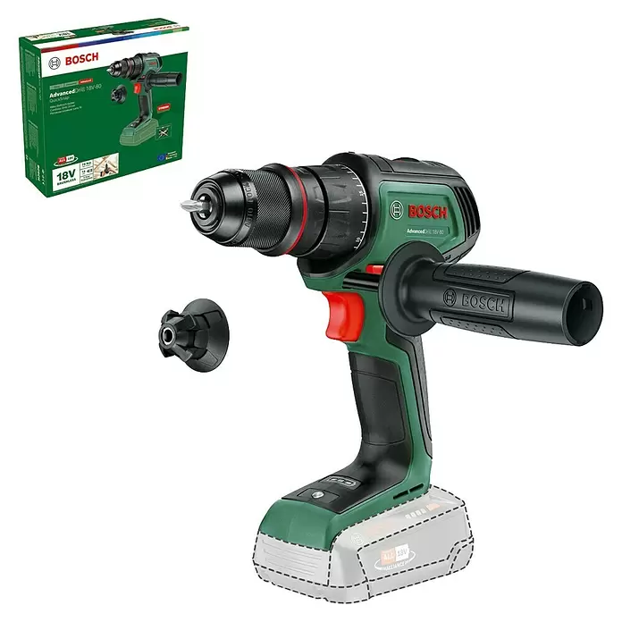 Bosch Power for All 18V Taladro atornillador de batería AdvancedDrill 18V-80 - 18 V, 1 batería, 2,5 Ah, 78 Nm - Taladro sin cable Bosch AdvancedDrill 18V-80 verde y negro con empuñadura auxiliar, accesorio QuickSnap y caja.