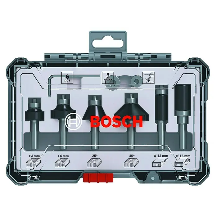 Bosch Fräser-Set Trim&Edging - 6 -tlg., Durchmesser Schaft: 8 mm - Ein Set mit sechs Bosch-Fräsern in einem transparenten Koffer, ideal für präzise Holzbearbeitung. Verschiedene Größen und Formen für vielfältige Anwendungen.