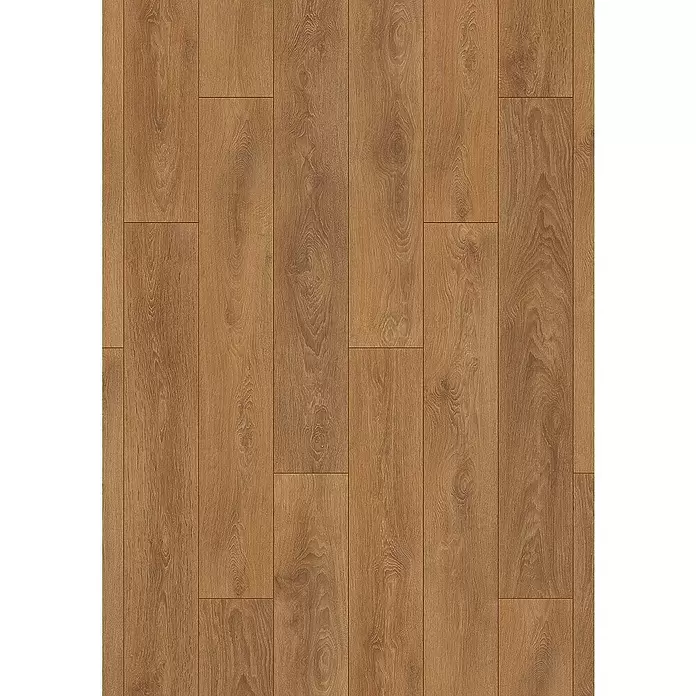 Krono Original Laminat Super Natural - Harlech Oak, Landhausdiele, 1.288 x 195 x 8 mm - Mittelbraune Holzfußbodendielen mit natürlicher Maserung, im versetzten Muster verlegt.