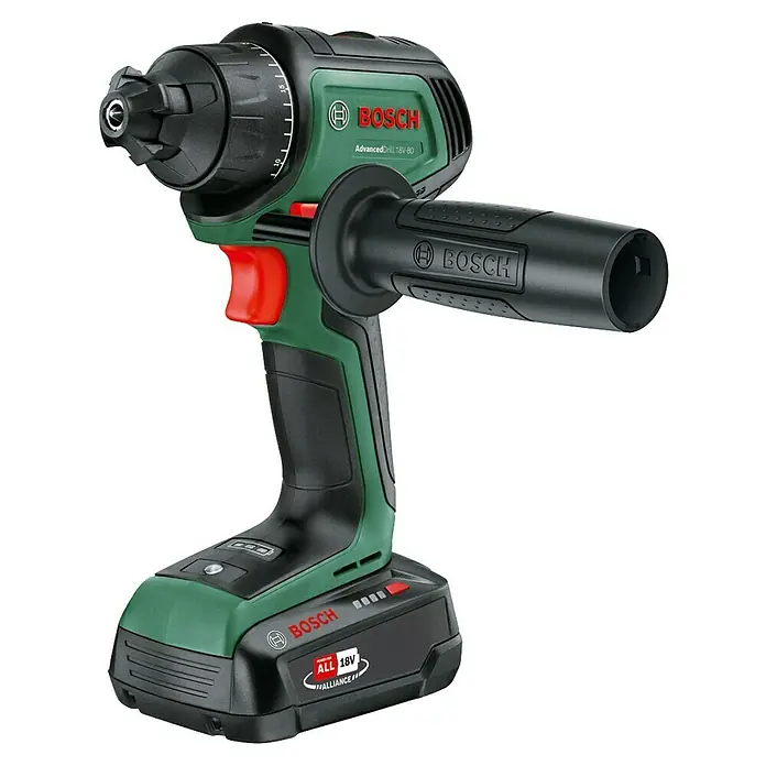 Bosch Power for All 18V Akku-Bohrschrauber AdvancedDrill 18V-80 QuickSnap - 18 V, 1 Akku, 2,5 Ah, 78 Nm - Bild einer Bosch AdvancedDrill 18V-80 Akku-Bohrmaschine mit Zusatzhandgriff und Akku.