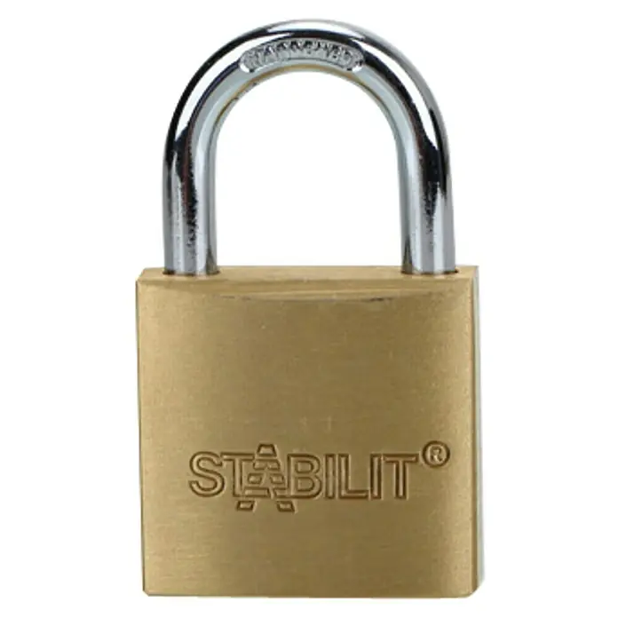 Stabilit Candado M30 - Ancho: 30 mm, Espesor de estribo: 4,8 mm - Primer plano de un candado Stabilit® con un grillete plateado y un cuerpo dorado.