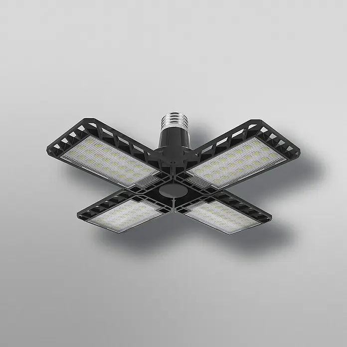 Ledvance Deckenleuchte Highbay E27 Blade - 23 W, L x B x H: 23,1 x 23,1 x 9,1 cm, Schwarz, E27 - Eine Garagenleuchte mit vier Flügeln, die helles Licht spendet und sich ideal für Werkstätten und Hobbyräume eignet.