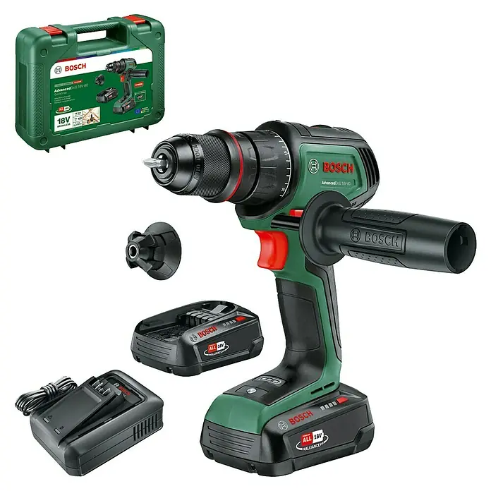 Bosch Power for All 18V Akku-Bohrschrauber AdvancedDrill 18V-80 QuickSnap - 18 V, 2 Akkus, 2,5 Ah, 78 Nm - Abbildung eines Bosch AdvancedDrill 18V-80 Akku-Bohrschraubers mit Zubehör, präsentiert auf schwarzem Hintergrund.