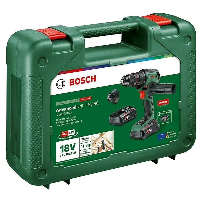 Bosch Power for All 18V Akku-Bohrschrauber AdvancedDrill 18V-80 QuickSnap - 18 V, 2 Akkus, 2,5 Ah, 78 Nm - Abbildung einer Bosch AdvancedDrill 18V-80 Akku-Bohrmaschine mit QuickSnap-Funktion, kabellos, inklusive Zubehör und zwei Akkus im grünen Koffer.