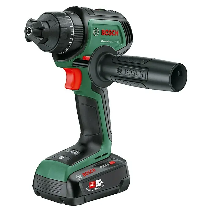 Bosch Power for All 18V Akku-Schlagbohrschrauber AdvancedImpact 18V-80 QuickSnap - 18 V, Ohne Akku, 82 Nm - Akkubetriebener Bosch AdvancedImpact 18V-80 Schlagbohrschrauber mit Zusatzhandgriff für präzises Arbeiten und hohe Leistung.
