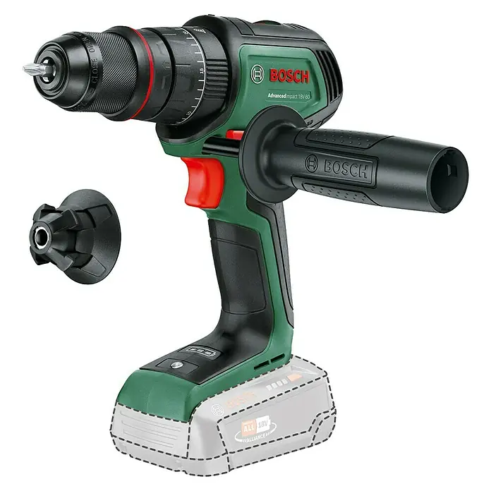 Bosch Power for All 18V Akku-Schlagbohrschrauber AdvancedImpact 18V-80 QuickSnap - 18 V, Ohne Akku, 82 Nm - Akkubohrschrauber von Bosch AdvancedImpact 18V-80 mit abnehmbarem Bohrfutter und Zusatzhandgriff für präzise Bohrarbeiten.