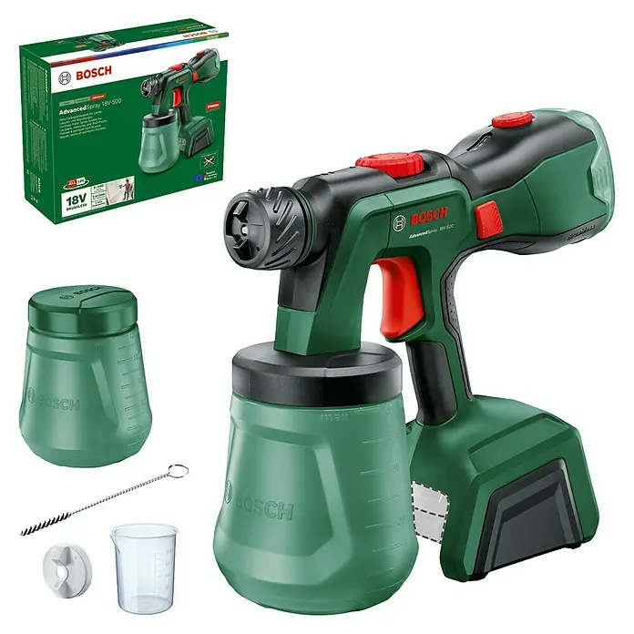 Bosch Power for All 18V Akku-Farbsprühsystem AdvancedSpray 18V-500 - 18 V, 1 Akku, 4 Ah, Max. Fördermenge: 0,5 l/min - Abbildung einer Bosch AdvancedSpray 18V-500 Farbspritzpistole mit Zubehör und Produktverpackung.