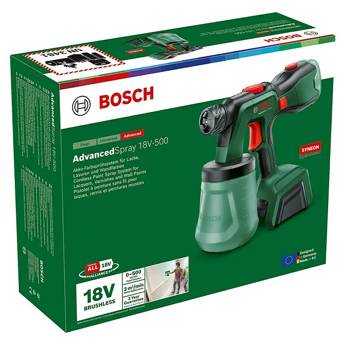 Bosch Power for All 18V Akku-Farbsprühsystem AdvancedSpray 18V-500 - 18 V, 1 Akku, 4 Ah, Max. Fördermenge: 0,5 l/min - Abbildung der Verpackung der Bosch AdvancedSpray 18V-500 Akku-Farbspritzpistole. Das ideale Werkzeug zum Lackieren von Oberflächen.